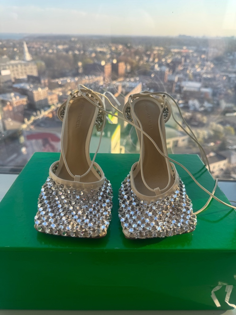 Bottega Veneta Crystal-Embellished Beige Ankle-Tie Heels